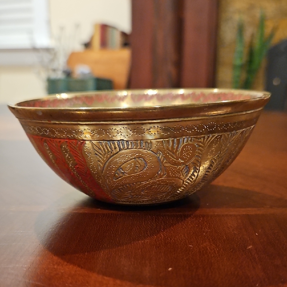 Beautiful Detailed Embossed Brass with Handpainted Red & Blue Enamel Bowl